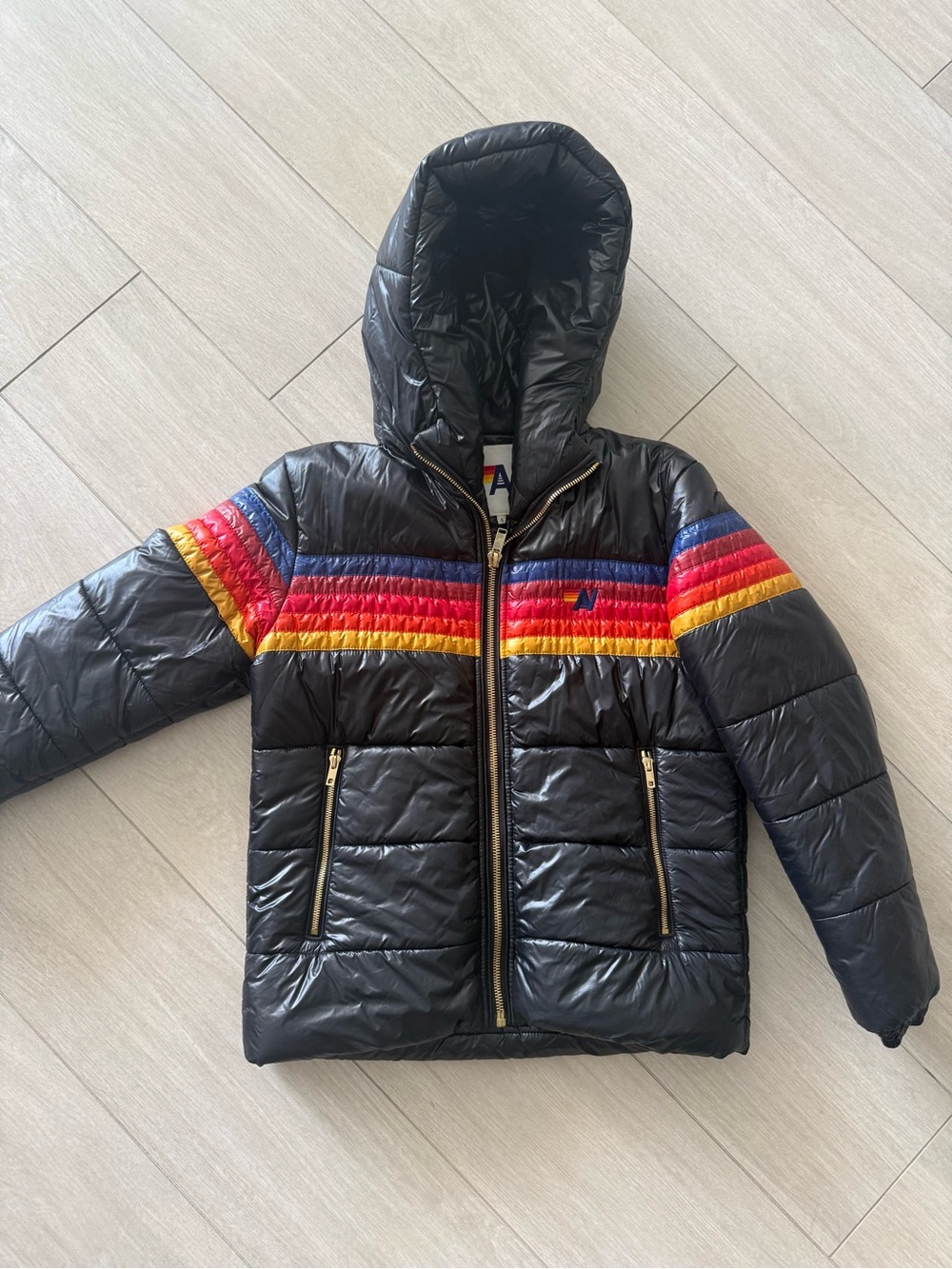 Aviator Nation Black Hooded Puffer Jacket with Rainbow Stripes-S